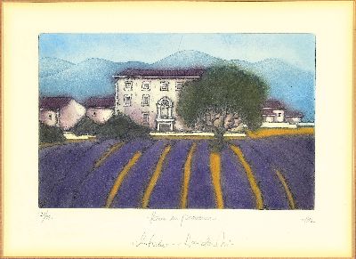 Anne Ricketts-Davidson, geb. 1952, Großbritannien, zwei Farbradierungen, Ferme en Provence, num. 31/95, dat. 1986, ca. 12 x 19 cm, unter Glas, ...