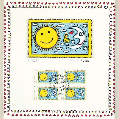 James Rizzi, 1950-2011 New York, dreidimensionale Farblithographie mit Briefmarken-Ersttagsblatt "Herzliche Grüße - Sonne und Mond" 2008, ...
