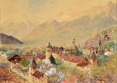 Rudolf Kargl, 1878 Wien-1942 Mödling, Aquarell, weiß gehöht, "Meran" so bezeichnet, Blick über die Stadt, links unten signiert, 22x30 ...
