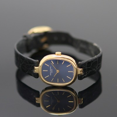 PATEK PHILIPPE Ellipse d'Or Damenarmbanduhr in GG 750/000 Referenz 4564, Schweiz verk. lt. beil. Zertifikat 04/1991, Handaufzug, Lederband m. ...