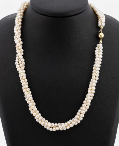 Perl-Collier mit 14 kt Gold Schließe, GG 585/000, 3-rhg. barocke Süßwasserzuchtperlen, L. ca. 96 cm, Kugelschließe