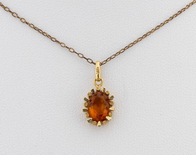 14 kt Gold Citrin-Anhänger, GG 585/000, ovalfacett. Citrin, schöne Farbe, Fassung aus tropfenf. und runden Elementen, an Kette, GG 333/000 gepr., ...