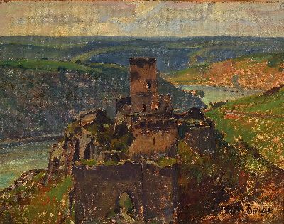 Burg Gutenfels am Rhein, rechts unten signiertund datiert 1901, Öl/Lwd, auf Platte doubliert, 40x46 cm, Rahmen 56x65 cm