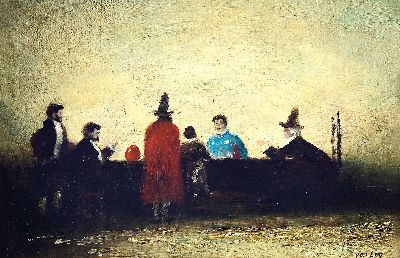 Hans van Loo, zeitgenössischer niederländischer Künstler, kostümierte Figurengruppe um einen Tisch, rechts unten signiert, Öl/Holz, Rahmen 32x41 ...