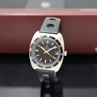 JUNGHANS Herrenarmbanduhr, Automatik, Deutschland 1975, Edelstahlgeh. inkl. Sport Kautschukband, Boden aufgedr., Lünette m. 60er Teilung beids. ...