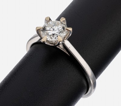 18 kt Gold Brillant-Ring, WG 750/000, Brillant ca. 1.10 ct feines Weiß(G)/si1, RW 57, ca. 3.4 g