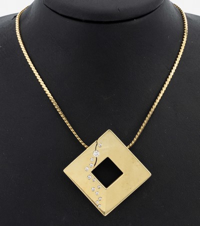 14 kt Gold Brillant-Anhänger, GG 585/000, pol. und sat., 13 Brillanten zus. ca. 0.36 ct Weiß/si, an Kette, GG 750/000, L. ca. 43 cm, Kastenschloss ...