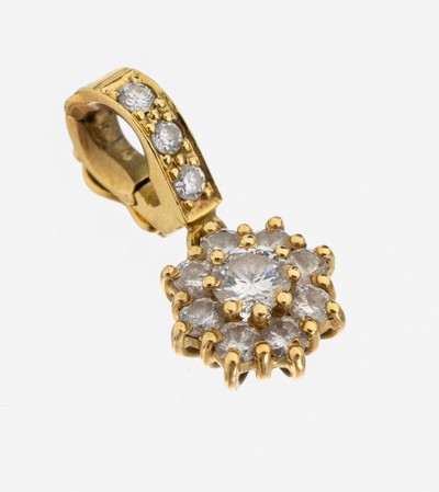 18 kt Gold Brillant-Clipanhänger, GG 750/000 gepr., bewegl. Abhängung, 12 Brillanten zus. ca. 0.45 ct Weiß/si-p, ca. 1.7 g