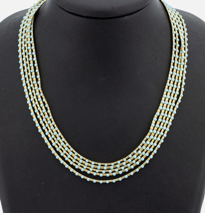 18 kt Gold Türkis-Collier, GG 750/000, schwere qualitätvolle Verarbeitung, 5-rhg., kl. Türkis-Cabochons, L. ca. 42 cm, Kastenschloss mit ...