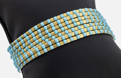 18 kt Gold Türkis-Armband, GG 750/000, schwere qualitätvolle Verarbeitung, 7-rhg., kl. Türkis-Cabochons, L. ca. 20 cm, Kastenschloss mit ...