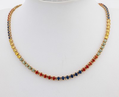 14 kt Gold Saphir-Collier, GG 585/000, im Verlauf rundfacett. Saphire in versch. Farben zus. ca. 8.50 ct, L. ca. 42 cm, Kastenschloss mit ...