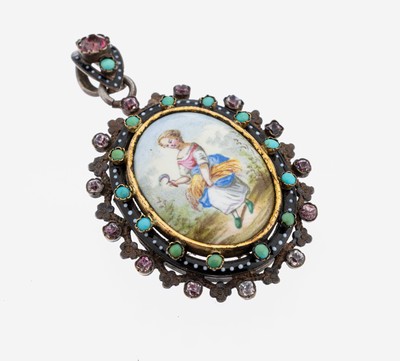 Medaillon-Anhänger mit Email, um 1840-50, Silber und GG 750/000, rücks. Verglasung mit Bergkristall, Platz für Photo, Miniaturmalerei mit Darst. ...