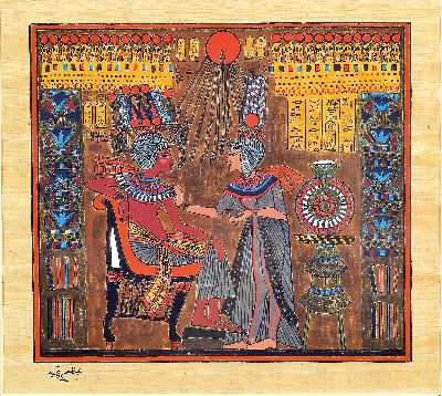 4 Papyrus-Malereien und eine Illustration indo-persisch, neuzeitlich, nach altem Vorbild, alle unter Glas, Rahmen, PP-Ausschnitte ca. 19..5 x 27 cm ...