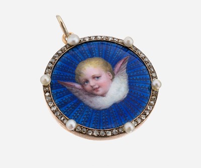 14 kt Gold Email-Diamant-Perl-Anhänger, um 1900, GG 585/000 gepr., rund, mittig royalblaues transluzides Email auf guillochiertem Grund mit ...