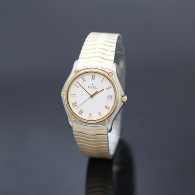 EBEL Sportwave Armbanduhr Referenz 1187141, Schweiz um 1995, quarz, Edelstahl Stülpgeh. inkl. orig. Wellengliederband m. Faltschl., 18k Goldlünette ...