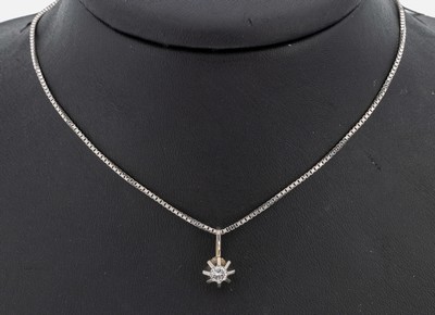 14 kt Gold Brillant-Anhänger, WG 585/000 gepr., schlichtes Design, Brillant ca. 0.25 ct Weiß/si, an Kette, WG 585/000, L. ca. 50 cm, ...