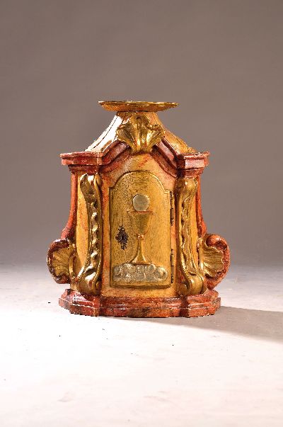 Tabernakel, um 1900, Weichholz, sekundär gefasst, eintüriger Sakramentsschrank, 1943 restauriert, 62x53x21 cm, EZ 2