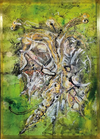 Kyoji Iriki, japanischer Künstler, tätig in den 60-80er Jahren, Mischtechnik auf Karton, abstr. Schmetterling oder Libelle, signiert, ca. 100 x 70 ...