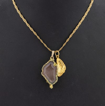 18 kt Gold Collier mit 2 Anhängern, GG 750/000, 1 x Goldnugget, GG 750/000 gepr., und1 x mit Achatdruse, verg., L. ca. 46 cm, Federringschließe, ...