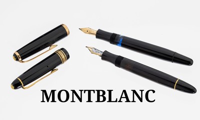 MONTBLANC Schreibset, best. aus: 1 Füller, Meisterstückserie, Feder GG/WG 585/000, Korpusschwarzer Edelharz, Monturen verg., und 1 Füller, Feder ...