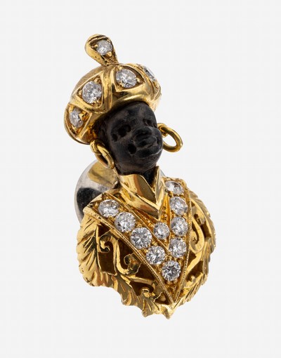 18 kt Gold Ebenholz-Brillant-Stickpin, GG 750/000, Darstellung eines Orientalen, Kopf aus schwarzem Ebenholz geschnitzt, Turban und Brustschmuck mit ...