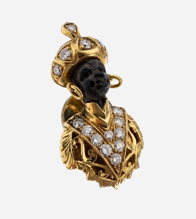 18 kt Gold Ebenholz-Brillant-Stickpin, GG 750/000, Darstellung eines Orientalen, Kopf aus schwarzem Ebenholz geschnitzt, Turban und Brustschmuck mit ...