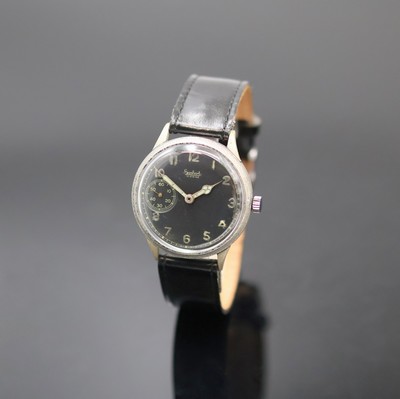HANHART seltene, militärische Armbanduhr, Deutschland um 1940, verchromtes Gehäuse, Edelstahlboden aufgedr., schwarzes Kontrastzifferbl. pat., ...