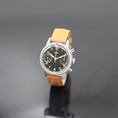 HANHART Flyback Flieger-Schaltradchronograph der Bundeswehr Type 417, Deutschland um 1955, Handaufzug, verchr. Messinggeh., gedr. Stahlboden m. ...