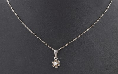 14 kt Gold Brillant-Anhänger, WG 585/000, Brillant ca. 0.07 ct Weiß/si, an Kette, WG 585/000, L. ca. 37.5 cm, Federringschließe, ca. 2.3 g