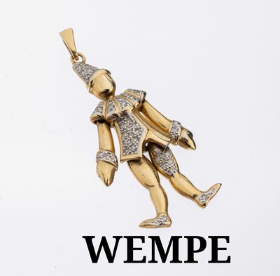 14 kt Gold WEMPE Diamant-Anhänger, GG 585/000, Harlekin, bewegl. gearbeitet, 32 8/8-Diamanten zus. ca. 0.16 ct Weiß/si-p, ca. 5.4 g, sign.