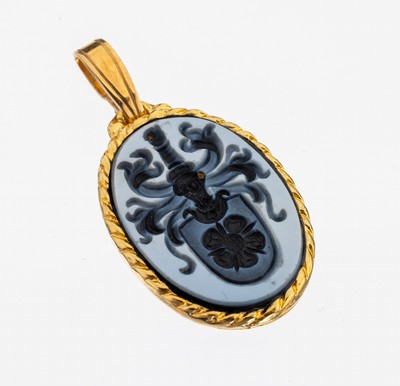 Achat-Anhänger, 925er Silber verg., ovaler Lagenachat, intaglio, Darstellung eines Familienwappens, Siegelabdruck anbei