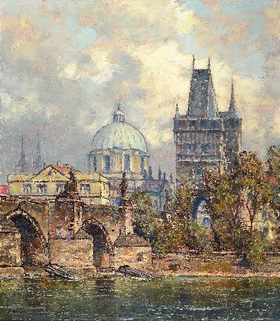 Moosburg, Künstler der Mitte des 20.Jh., Ansicht von Prag, Blick auf die Karlsbrücke, links unten signiert, Öl/Lwd, 80x70 cm, Rahmen 98x88 cm