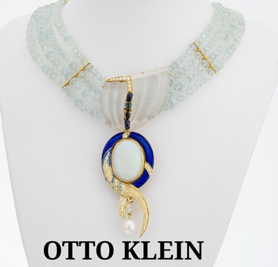OTTO KLEIN Aquamarin-Collier mit 18 kt Gold Opal-Saphir-Brillant-Perl-Mittelteil, GG 750/00, 4-rhg. facett. Aquamarin-Linsen in versch. Farbnuancen, ...