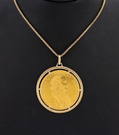 14 kt Gold Münzanhänger, GG 585/000, lose gefasste Goldmünze, 4 Dukaten, Österreich- Ungarn, 1915, offizielle Nachprägung, an Kette, GG ...