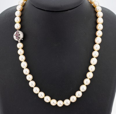 Perl-Collier mit 14 kt Gold Rubin-Schließe, WG 585/000, l. barocke Süßwasserzuchtperlen, D. ca. 8.0-8.4 mm, einzeln geknotet, Steckschließe sat., ...