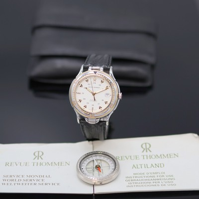 REVUE THOMMEN Herrenarmbanduhr Modell Altiland, Schweiz um 1995, Automatik, aufklappbares Edelstahlgeh. teils verg., orig. Lederband m. Dornschl., ...