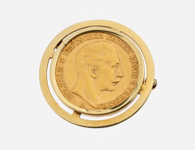 14 kt Gold Münz-Brosche, GG 585/000 gepr., Goldmünze Dukatengold 20 Mark 1911, Wilhelm II., Münze lose gefaßt, total ca. 10.6 g