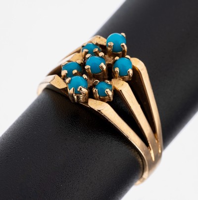 14 kt Gold Türkis-Ring, GG 585/000, 7 kl. runde Türkis-Cabochons, RW 58, ca. 4.5 g