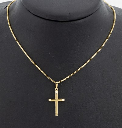 14 kt Gold Kreuzanhänger, GG 585/000, schlicht, ca. 3 x 1.4 cm, an Venezianerkette, GG 333/0000, L. ca. 38 cm, Federringschließe, ca. 4.0 g