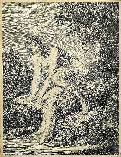 Francois Boucher, Venut entrant du bain, gestochen von Jean Baptiste Michel, Kupferstich, 18. Jh., stockfleckig, ca. 39.5x 29.5 cm, unter Glas, Rahmen