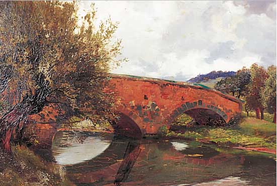 SCHULTZE, HANS RUDOLF, MALER DER 1. HäLFTE DES20. JH., BRüCKE üBER FLUß, ÖL/LWD, KRAKE- LIERT, RE. U. SIGN. UND DAT. 1919, LWD AN ...