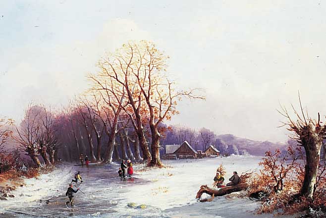 VAN DEN EYCKEN, NIEDERL. MALER DES 19. JH., VERSCHNEITE WINTERLANDSCHAFT MIT PERSONENSTAF-FAGE, ÖL/LWD, RE. U. SIGN., CA. 40 X 57 CM, PRUNKRAHMEN