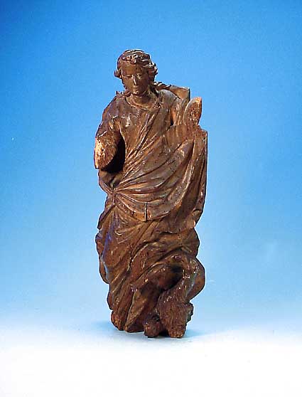 Skulptur des Hl. Johannes, deutsch, 1790-1810, Lindenholz geschnitzt, beschädigt, Spuren von Wurmbefall, H: 60 cm