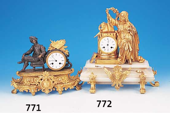 Pendule, Frankreich, um 1870, Messinggußsockel mit alter Vergoldung, Metall-guß, Emailzifferblatt, Pendulenwerk gem. Du- mouli neuf ...