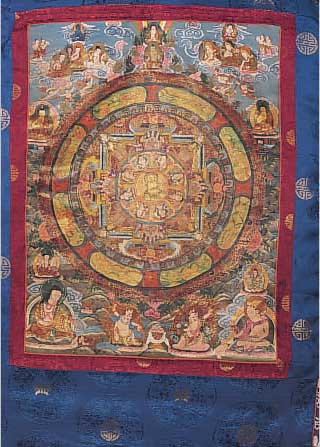 THANGKA, NEPAL/TIBET, UM 1900, FEINE GOUA- CHEMALEREI AUF SEIDE, REICHE BROKATUMRANDUNG, CA. 66 X 51 CM, LEICHT BERIEBEN