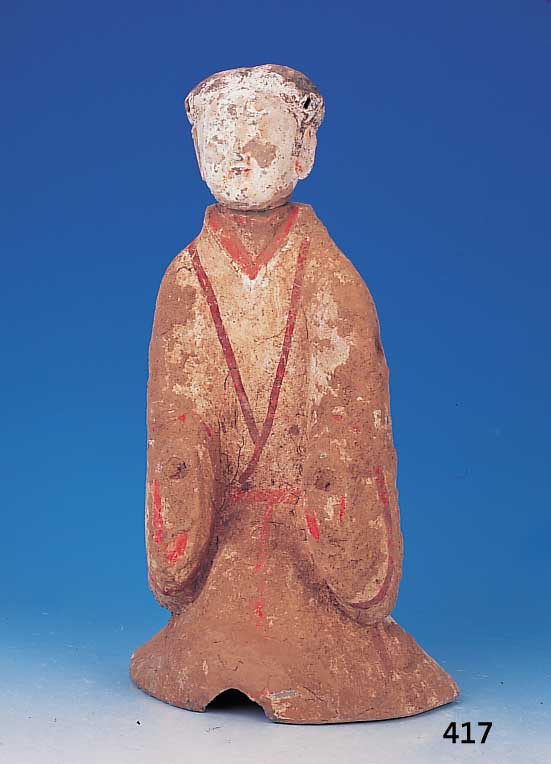 Skulptur, Hofdame, China, Han-Dynastie, 206 v.bis 220 n.Chr., Terrakotta, brauner Scherben, weiße Engobe, Reste roter Bemalung, langes ...