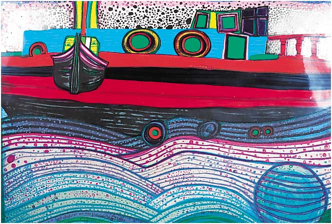 Hundertwasser, Friedensreich, Regentag, Auf Liebe Wellen, Farblithographie mit Metall- foliendruck, num. 1190/3000, ca. 49 x 67 cm Blattgröße