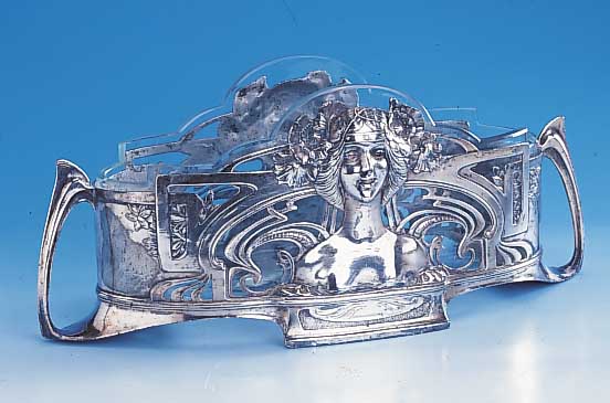 Jardiniere, Österreich um 1900/05, Metall versilbert, reiner Jugendstil, beids. zeittyp. Frauendarstellung in der Art von Mucha, ...