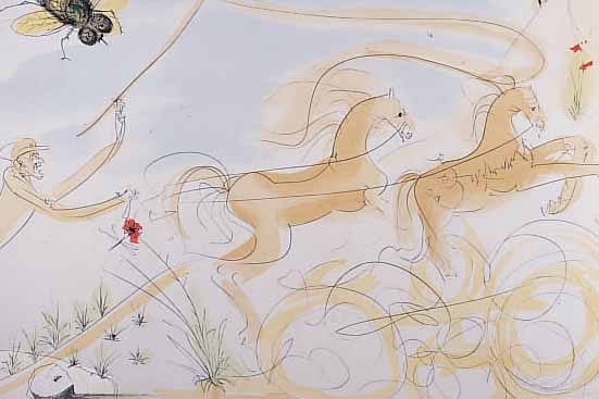DALI, SALVADOR, RADIERUNG, AUS LE BESTIAIRE DE LA FONTAINE DALINISé, DIE LANDKUTSCHE UND DIE FLIEGE, KALTNADELRADIERUNG MIT POCHOIR, 39.5 X57,5 ...