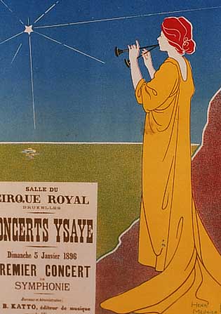 Meunier, Henri, Farblithographie von 1895, gedr. von J.E. Goosens, reiner Jugendstil, An-zeige für ein Konzert, ca. 28 x 20 cm, PP, u. Gl., R.